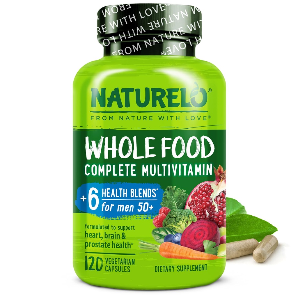 NATURELO Πολυβιταμίνη για Άνδρες 50+ - με Βιταμίνες, Ορυκτά, Βιολογικά Βότανα - Vegan Vegan Vegetarian - για Ενέργεια, Εγκέφαλο, Καρδιά και Υγεία των ματιών - 120 Κάψουλες
