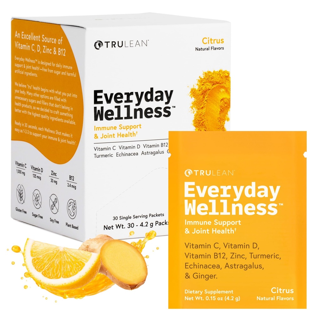TRULEAN Everyday Wellness Shot Powder - Turmeric, Ginger, Βιταμίνη C, Ανοσία & ανοσοποιητικό συμπλήρωμα υποστήριξης - Κανένα τεχνητό συστατικά, χωρίς ζάχαρη και γλουτένη χωρίς - 30 συσκευασίες Εσπεριδοειδή Γεύση