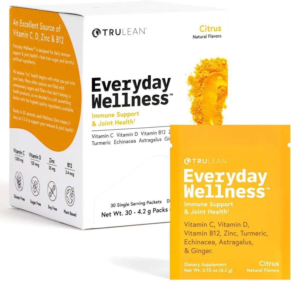 TRULEAN Everyday Wellness Shot Powder - Turmeric, Ginger, Βιταμίνη C, Ανοσία & ανοσοποιητικό συμπλήρωμα υποστήριξης - Κανένα τεχνητό συστατικά, χωρίς ζάχαρη και γλουτένη χωρίς - 30 συσκευασίες Εσπεριδοειδή Γεύση