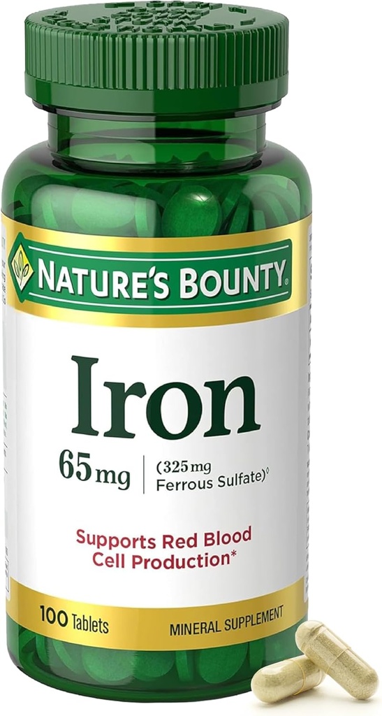 Nature’s Bounty Iron 65mg, 325 mg θειικό σίδηρο, Cellular Energy Support, προάγει την κανονική παραγωγή ερυθρών αιμοσφαιρίων, 1 υπηρεσία ανά ημέρα, χωρίς γλουτένη, 100 χορτοφαγικά δισκία