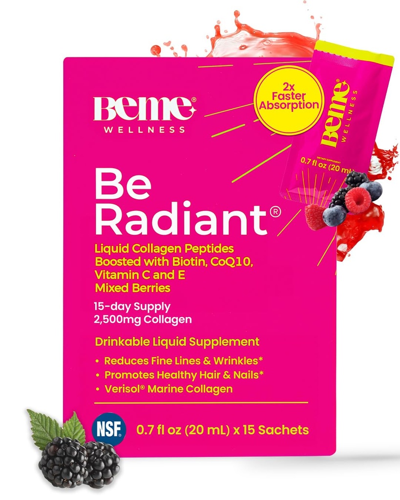 BeMe BeRadiant Liquid Collagen Peptide για τα μαλλιά, δέρμα & νύχια με 2X ταχύτερη απορρόφηση – Κλινικά δοκιμαστεί – 2500mg Verisol Hydrolyzed Collagen Συμπληρώματα για γυναίκες με βιοτίνη, CoQ10 & βιταμίνη C