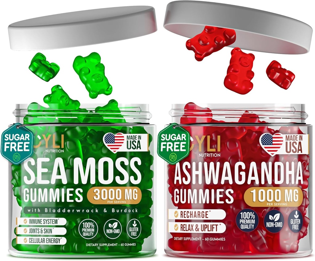Irish Sea Moss & Ashwagandha Gummies - Ashwagandha Supplements & Sea Moss Supplement for Adults, Kids - Irish Sea moss Bladderwrack Burdock Root Ashwagandha - 60 Ashwagandha, 60 Irish Sea Moss Gummies