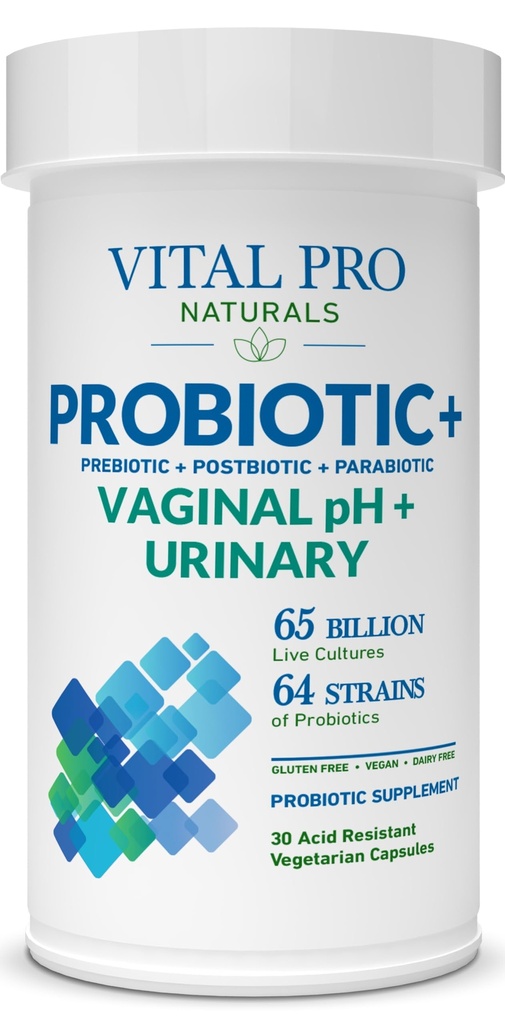 Vital Pro Naturals - Κολπικό pH & Προβιοτικά ούρων + Πρεβιοτικά, Μεταβιοτικά, Παραβιοτικά, 4- in-1 Συμπλήρωμα για τις γυναίκες, Υψηλή Ικανότητα, 64 Στεφανιαία, Επιπεφυκίτιδα, Κολπική, Ουρολοίμωξη, Ανοσοποιητική Υγεία, 30 ct