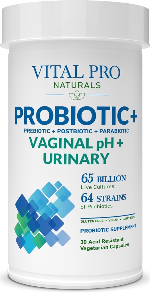 Vital Pro Naturals - Vaginal pH & Urinary Probiotics + Prebiotics, Postbiotics, Parabiotics, 4-in-1 Supplement for Women, High Potency, 64 Strains, Digestive, Vaginal, Urinary, Immune Health, 30 ct