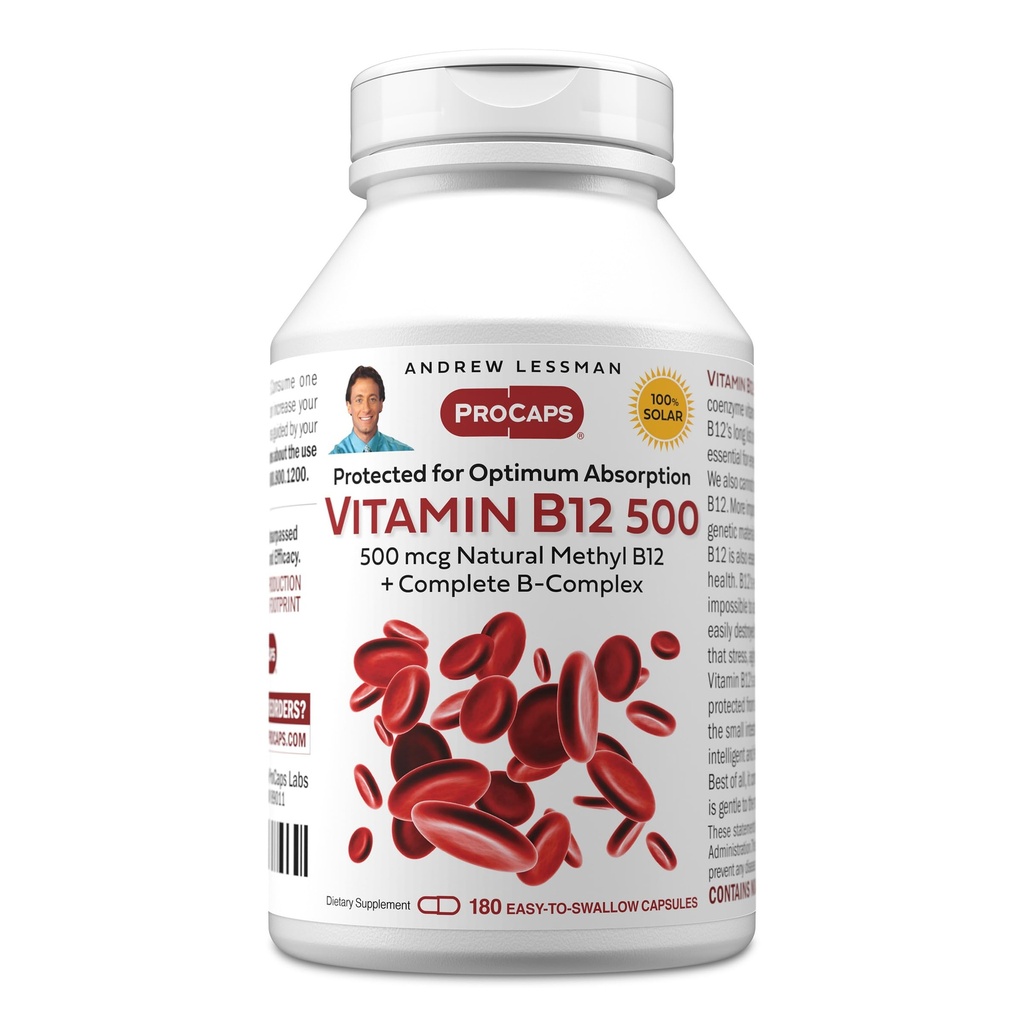 ANDREW LESSMAN Βιταμίνη B12 500 180 κάψουλες - Απορρόφηση-προστατευόμενη μεθυλοκοβαλαμίνη (Φυσικό συνένζυμο Βιταμίνη B12), Απαραίτητη για την ενέργεια και την υποστήριξη του στρες, Plus B-σύμπλεγμα, εύκολο να καταπιούν κάψουλες