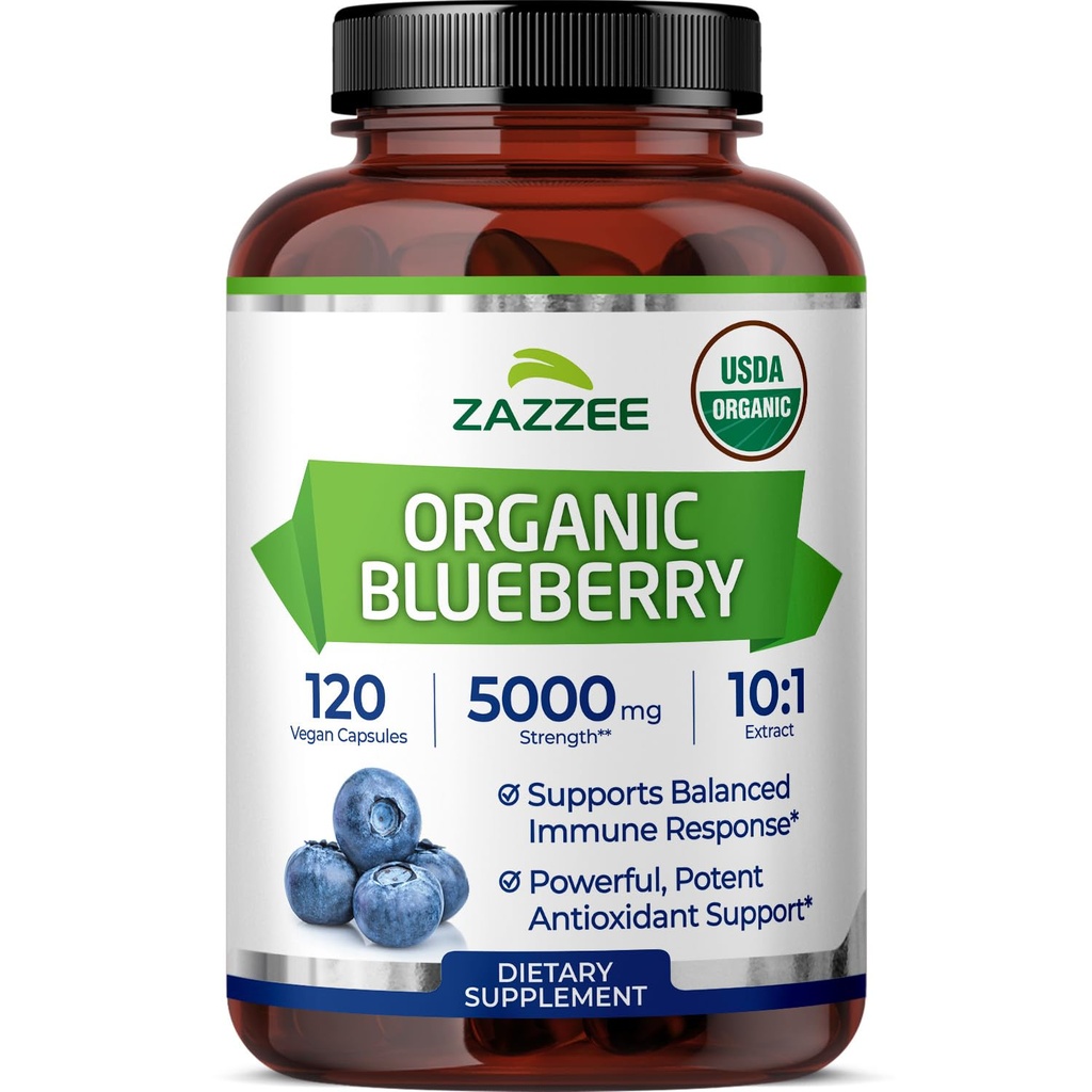 Zazzee USDA Organic Blueberry 10:1 Extract, 5000 mg Δύναμη, 120 Vegan Κάψουλες, 4 μήνες προσφοράς, συμπυκνωμένο και τυποποιημένο 10X πλήρες εκχύλισμα φρούτων, 100% χορτοφάγος, μη-GMO, Κατασκευασμένο στις ΗΠΑ