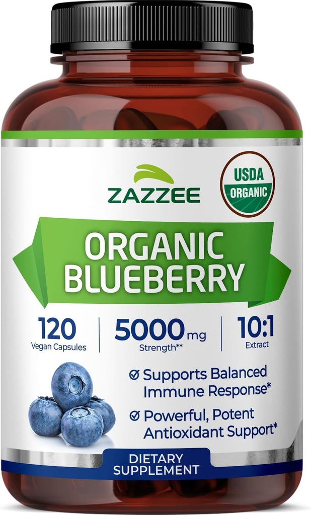 Zazzee USDA Organic Blueberry 10:1 Extract, 5000 mg Δύναμη, 120 Vegan Κάψουλες, 4 μήνες προσφοράς, συμπυκνωμένο και τυποποιημένο 10X πλήρες εκχύλισμα φρούτων, 100% χορτοφάγος, μη-GMO, Κατασκευασμένο στις ΗΠΑ