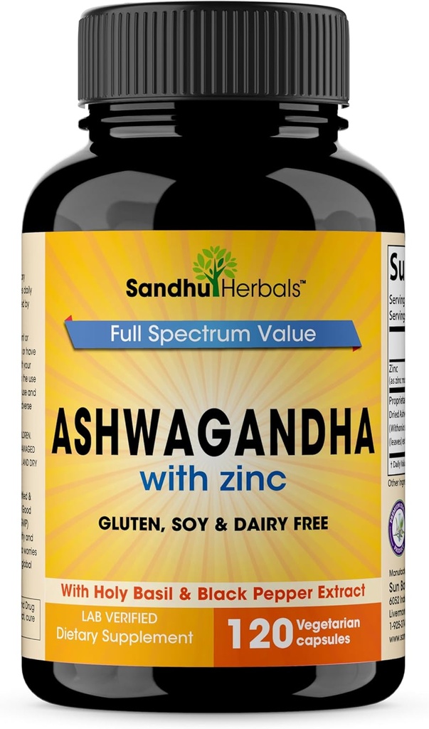 SANDHUHERBALS Shandhu Herbals Ashwagandha συμπλήρωμα 120 Organic 4 σε 1 κάψουλες, 2 Μήνες Προμήθεια με ψευδάργυρο, Μαύρο πιπέρι & Άγιο Βασίλειο εκχύλισμα