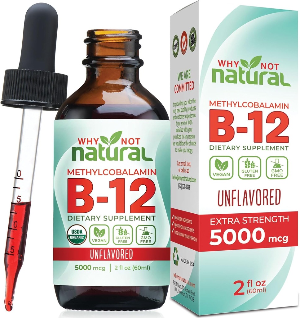 Why Not Natural Organic Vitamin B12 Liquid - Sublingual Extra Strength 60 x 5000 mcg Methylcobalamin Drops, Vegan, Maximize Absorption and Energy