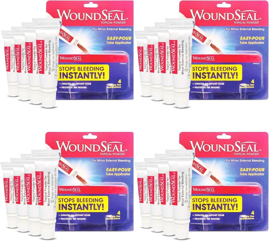 WoundSeal Powder 4 Το καθένα (Pack of 4) - Πρώτες βοήθειες για περικοπές, σχισμές και εκδορές - Στάματα αιμορραγίας σε δευτερόλεπτα χωρίς ραβδώσεις ή επιδέσμους