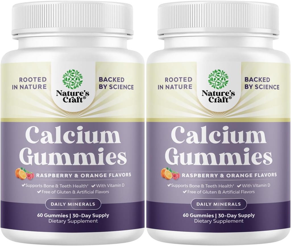 Natures Craft High Absorption Calcium Gummies with Vitamin D3 - Delicious Calcium Gummies for Adults - Chewable and Vitamin D Supplement for Bone Health and Immune Support Gelatin-Free 60ct (2 Pack)
