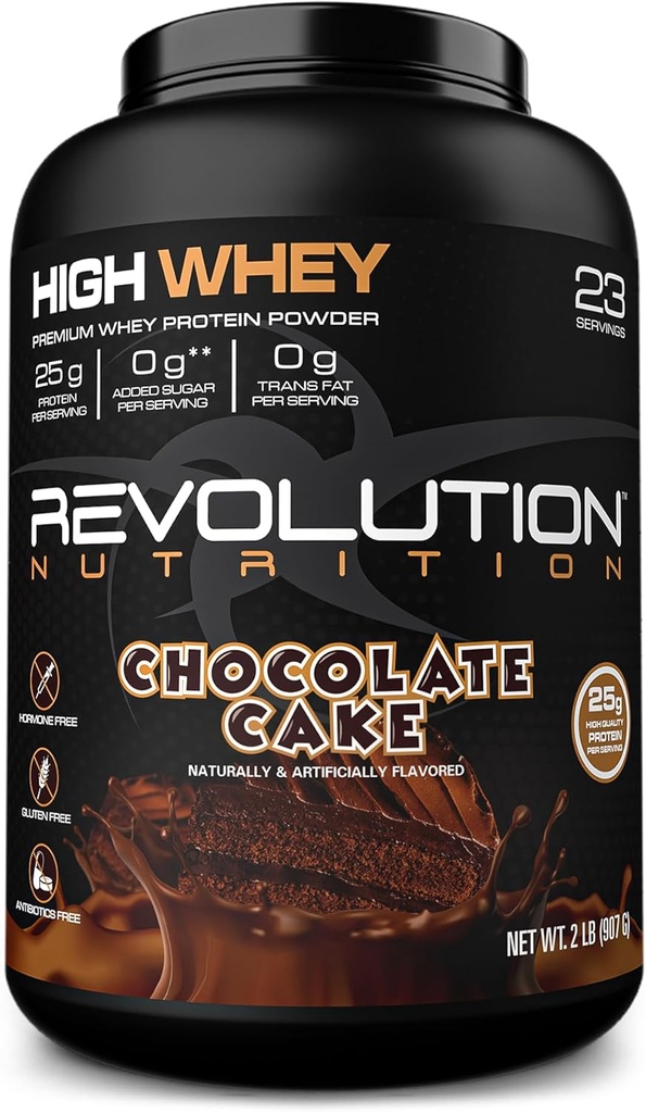 Revolution Nutrition, High Whey, Protein Powder 2LB, Whey Isolate, Gluten Free, Lean μυϊκή μάζα για άνδρες & γυναίκες, 25g πρωτεΐνης ανά Scoop, 908 g, 24 εξυπηρετούν (Chocolate κέικ, 2 Λίρες)