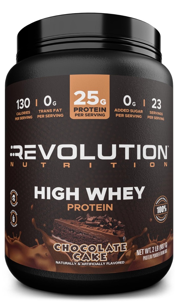 Revolution Nutrition, High Whey, Protein Powder 2LB, Whey Isolate, Gluten Free, Lean μυϊκή μάζα για άνδρες & γυναίκες, 25g πρωτεΐνης ανά Scoop, 908 g, 24 εξυπηρετούν (Chocolate κέικ, 2 Λίρες)