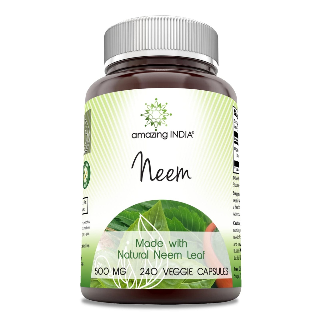 Amazing India Neem (Made with Natural Neem Leaf) 500 mg Veggie Capsules Supplement 