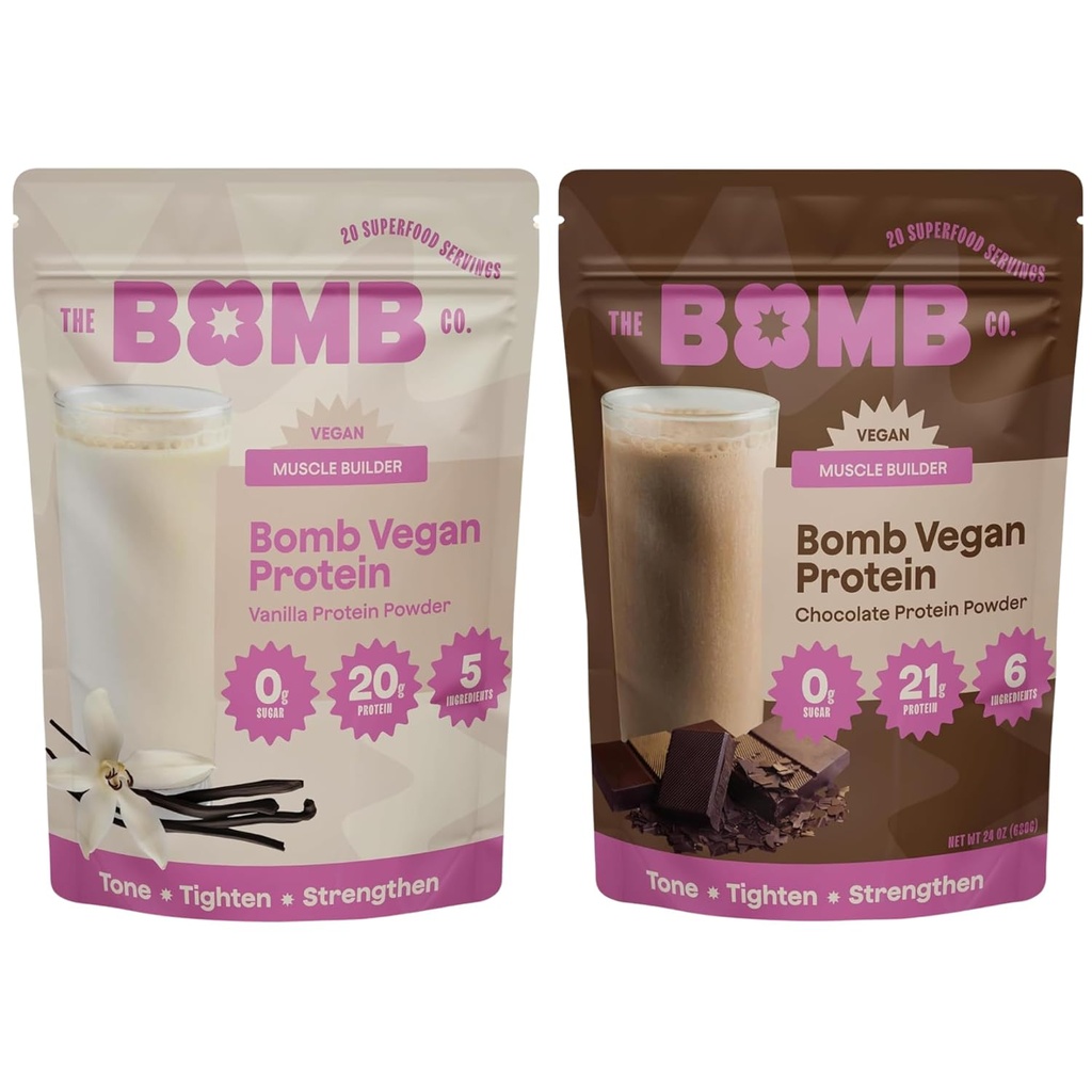 Blender Bombs The Bomb Co. Bomb Plant Protein, Chocolate & Vanilla Protein Powder with 21g Protein, Amino Acids, Zero Sugar, Pea Protein, Cocoa, Chia Seeds, Vanilla & Monk Fruit, 40 Srvgs