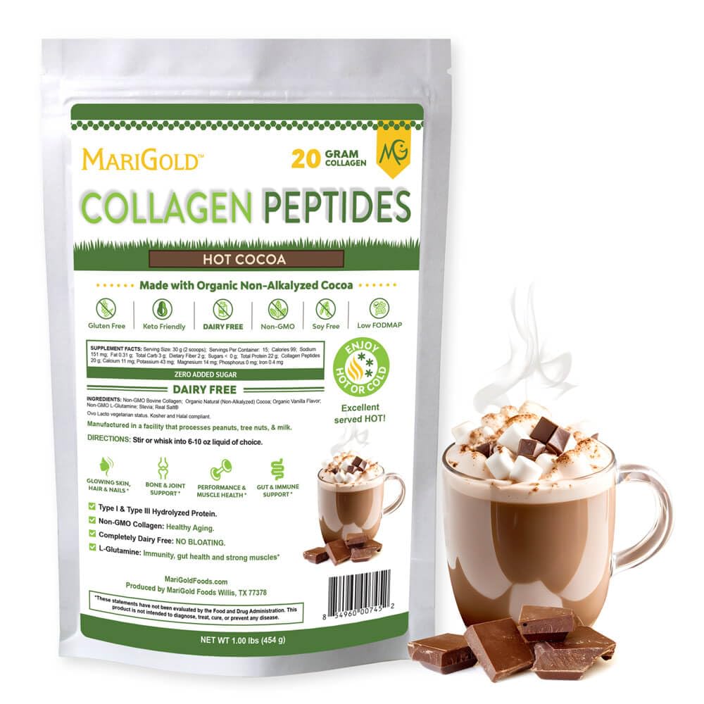 MariGold Grass-fed Collagen Peptides Powder Hot Cocoa 1LB - 100% Pure, Type I & III Bovine Hydrolyzed Collagen, Non-GMO, Hormone Free, Soy Free, Gluten Free, Dairy Free, Keto-Friendly