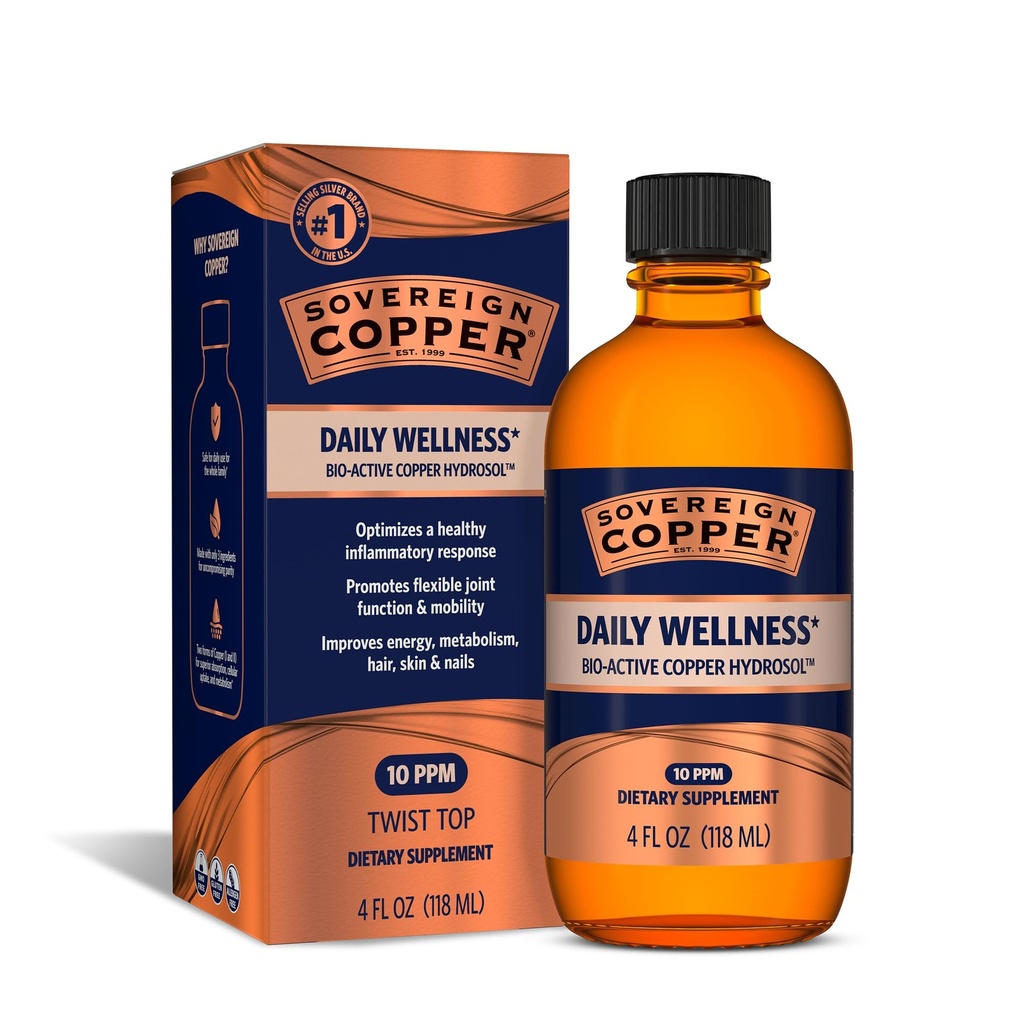 Sovereign Bio-Active Copper Hydrosol - Bioδιαθέσιμο Copper Liquid Supplement for Adults and Kids with Silver Hydrosol for Hair, Skin, and Nails - 4 fl oz (118 mL)