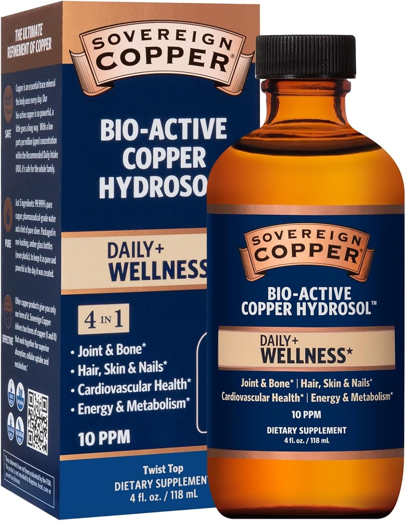Sovereign Bio-Active Copper Hydrosol - Bioδιαθέσιμο Copper Liquid Supplement for Adults and Kids with Silver Hydrosol for Hair, Skin, and Nails - 4 fl oz (118 mL)
