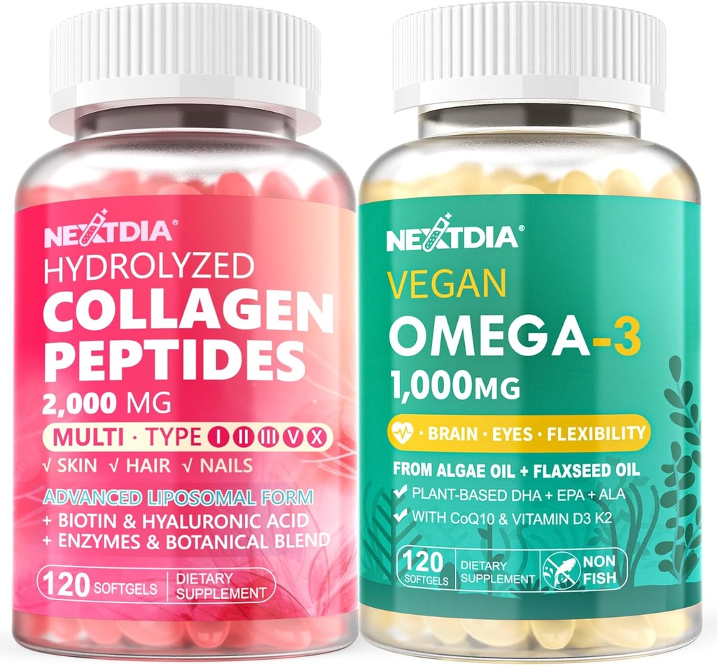 Hydrolyzed Collagen Peptides Pills + Vegan Omega 3 Supplement with Vitamin D3 K2