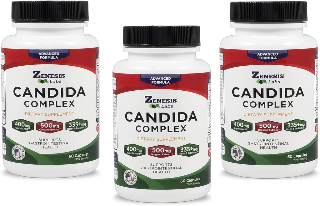 Zenesis Labs Candida Complex Cleanse Detox Caprylic Acid Supplement, Oregano Extract, Probiotics, Enzymes - Μαζική 180 κάψουλες, 90 ημέρες προσφοράς (60 κάψουλες / Bottle)