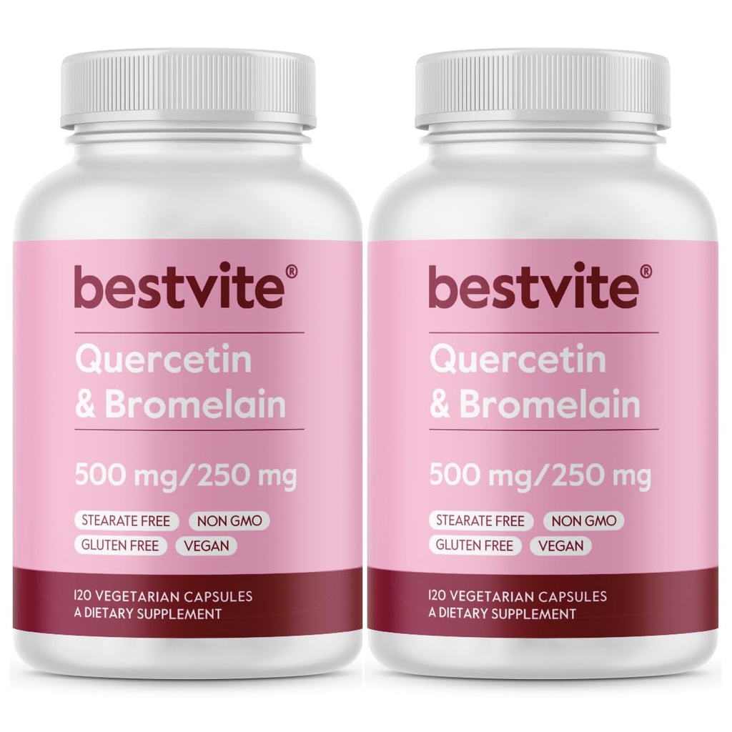 BESTVITE Quercetin με Bromelain 500mg/250mg (240 κάψουλες χορτοφάγων) (120 x 2) - Χωρίς στεατικά - Όχι Dioxide σιλικόνης - Vegan - Μη ΓΤΟ - Χωρίς γλουτένη