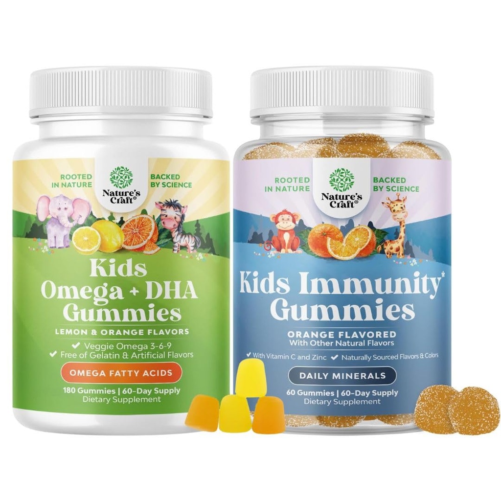 Πακέτο Omega DHA Gummies για τα παιδιά - Λιπαρά Οξέα Ωμέγα 3 6 9 με βιταμίνη C για τον εγκέφαλο, την ανοσία & το όραμα και τα παιδιά Ανοσία Υποστήριξη Gummies - Νόστιμο Βιταμίνη C με ψευδάργυρο & Echinacea Ανοσοποιητικό Αναμνηστικό