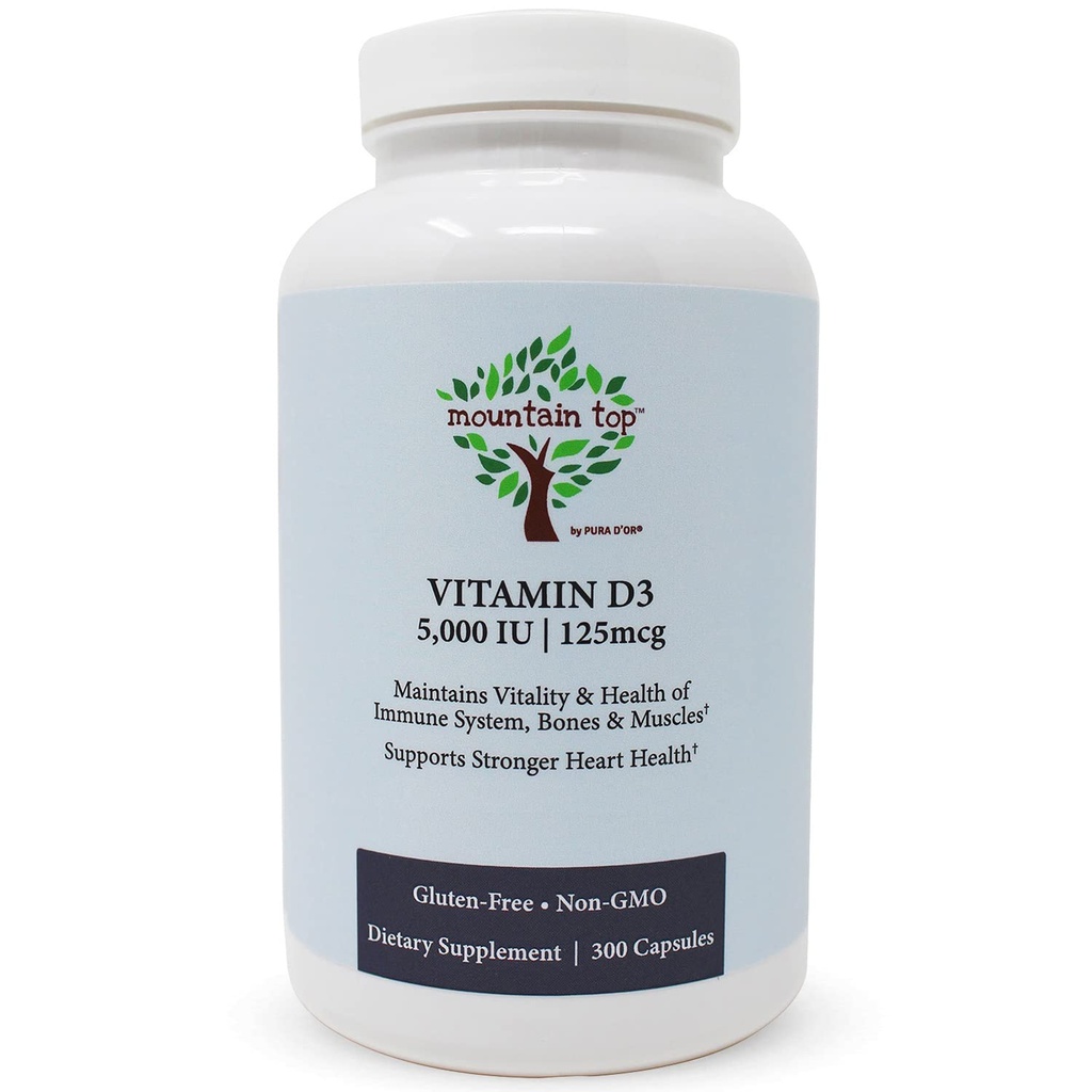 MOUNTAIN TOP Βιταμίνη D3 5000 IU 125mcg Κάψουλες (300 Count) Βοηθά στην υποστήριξη της ανοσοποιητικής υγείας, των ισχυρών οστών και των δοντιών, & λειτουργία μυών - μη-GMO, χωρίς γλουτένη