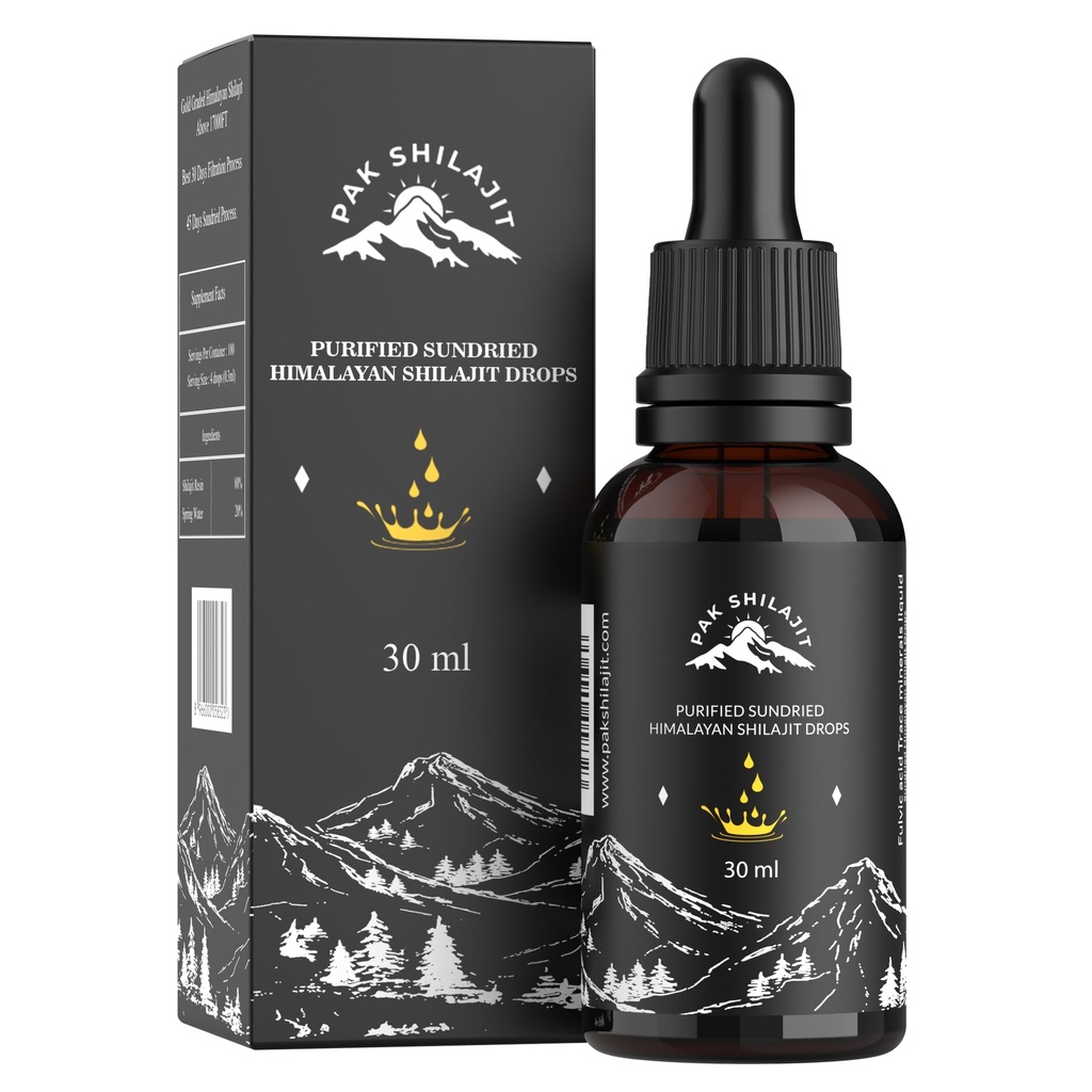 PakShilajit® Sun Αποξηραμένες Υγρές Σταγόνες Ιμαλαΐων Shilajit, Πιο Premium & Βιολογικό Χρυσό Σταγόνες Shilajit Πάνω από 17000FT (30ML Pack), Πλούσιο σε Fulvic Acid Humic Acid Φυσικό Συμπλήρωμα