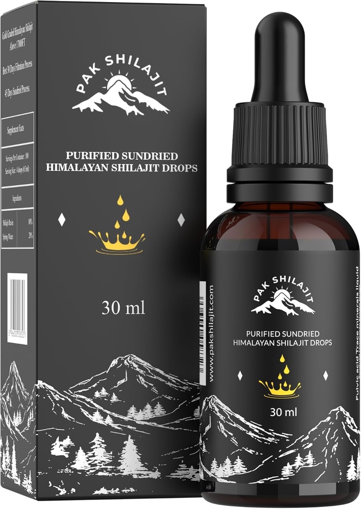 PakShilajit® Sun Αποξηραμένες Υγρές Σταγόνες Ιμαλαΐων Shilajit, Πιο Premium & Βιολογικό Χρυσό Σταγόνες Shilajit Πάνω από 17000FT (30ML Pack), Πλούσιο σε Fulvic Acid Humic Acid Φυσικό Συμπλήρωμα