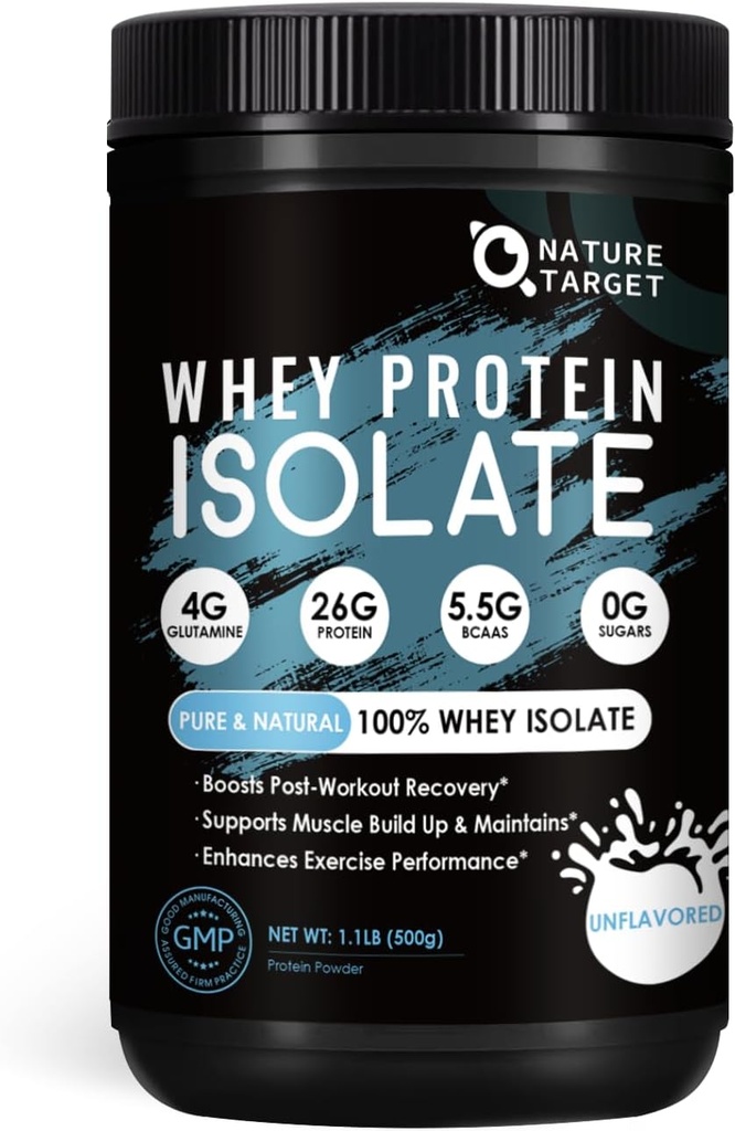 NATURE TARGET Whey Protein Powder, Unflavored Protein Powder, Whey Protein Isolate for Muscle Growth & Recovery, 26G Protein, Gluten Free & No Sugars, 16 Servings, 1.10 Pound (500 G)