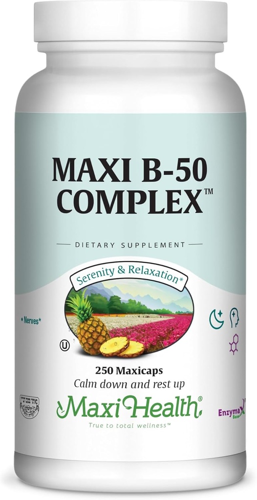 Maxi Health Stress Relief Vitamin B Complex για γυναίκες και άνδρες, Βιταμίνη Β6, Β12, Βιοτίνη, Ινοσιτόλη, Folate, Vegan, Γλουτένη & Χωρίς γάλα, Kosher, Χωρίς γεύση, 100 Count