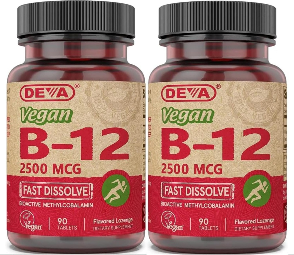 DEVA Vegan Βιταμίνες B-12, Υψηλή Ικανότητα 2500 mcg B12, Γρήγορη Διάλυση, Υπογλώσσια, 90 Δισκία (Συσκευασία 2)