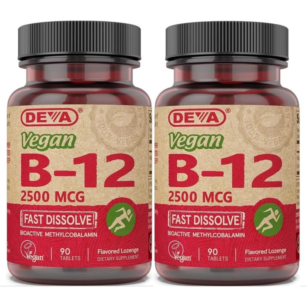 DEVA Vegan Βιταμίνες B-12, Υψηλή Ικανότητα 2500 mcg B12, Γρήγορη Διάλυση, Υπογλώσσια, 90 Δισκία (Συσκευασία 2)
