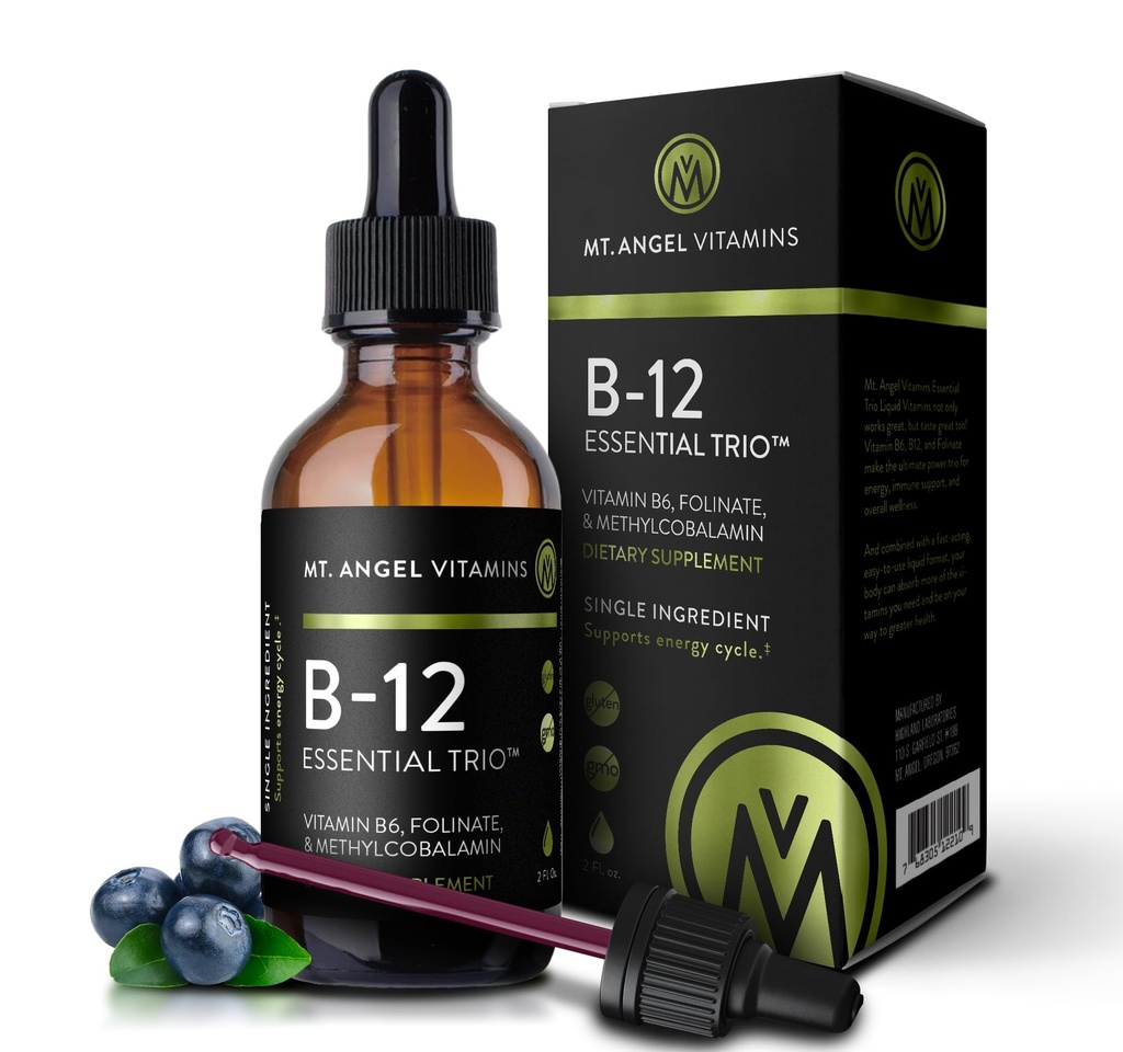 Mt. Angel Vitamins - B12 Essential Trio - Vegan Υπογλώσσιες σταγόνες με Μέθυλο B12 υψηλής ισχύος, B6 & Folate - Easy Abvorvation Liquid - Μη ΓΤΟ, Κατασκευασμένο στις ΗΠΑ