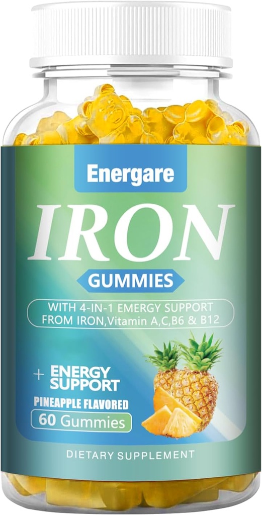 1 συσκευασία 100Mg Συμπληρώματα σιδήρου Gummies για γυναίκες & άνδρες - Βιταμίνη Α, C, B - Ενεργειακή υποστήριξη για την έλλειψη σιδήρου, αναιμία, ενήλικες & παιδιά, ανανάς Gummy Γεύσης, 60 Counts