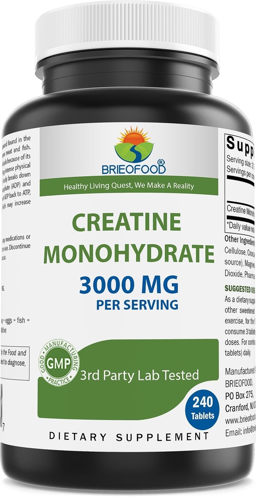 Brieofood Creatine Hills 3000 mg ανά σερβιρίσματος - 240 δισκία - 3ο Party Lab Tested for Purity & Quality - Βοηθά στη βελτίωση της Αθλητικής Απόδοσης