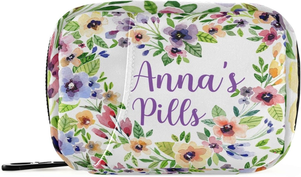 Custom Pill Box 7 Day Pill Τσάντα υπόθεση Watercolor Ανοιξιάτικα λουλούδια Εξατομικευμένο όνομα Τσάντα Organizer Ταξιδιών Χάπια με Zipper Φορητή Εβδομαδιαία περίπτωση Συμπαγές μέγεθος για τον κάτοχο συμπλήρωμα βιταμίνης