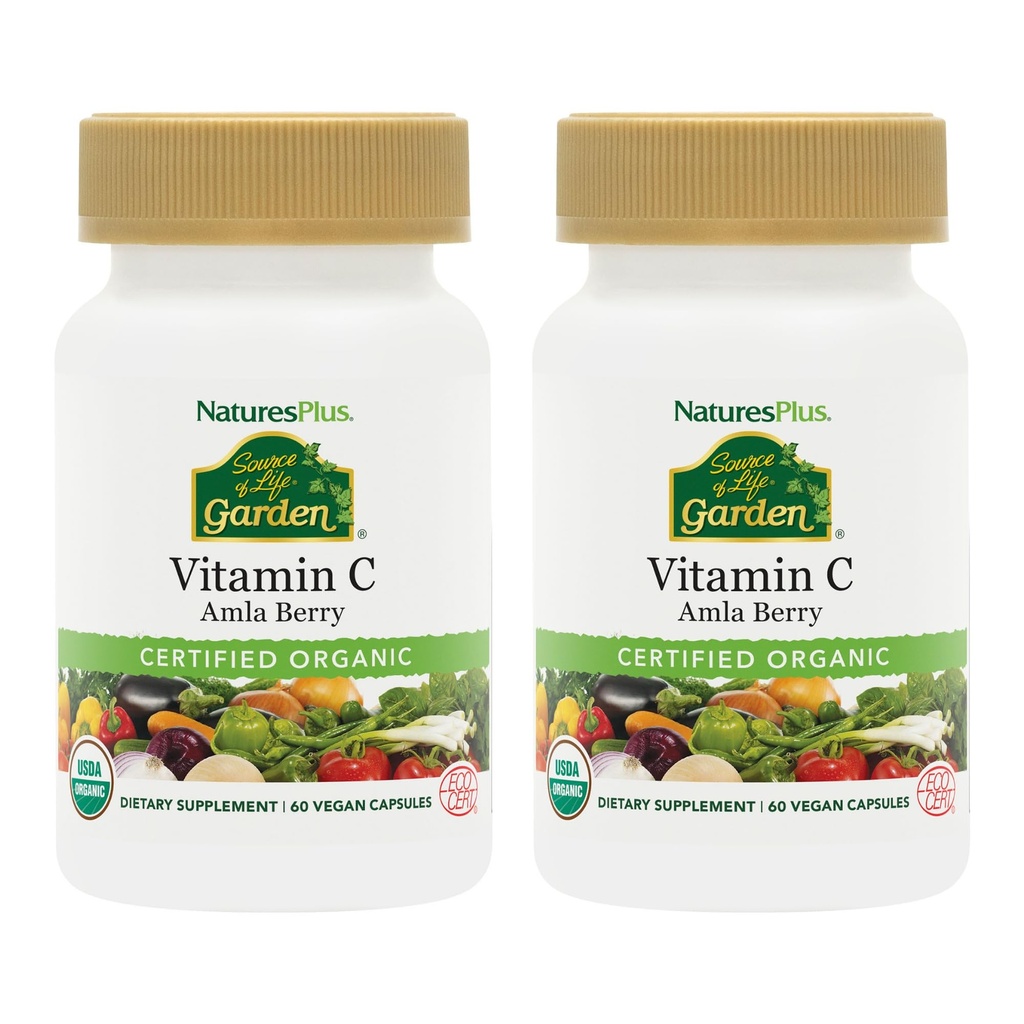 NaturesPlus Πηγή Ζωής Κήπος Βιταμίνη C - 60 Vegan Κάψουλες, Συσκευασία των 2 - Υποστήριξη ανοσοποιητικού συστήματος - Πιστοποιημένο οργανικό, μη ΓΤΟ, Χωρίς γλουτένη - 60 Σύνολο Υπηρεσιών