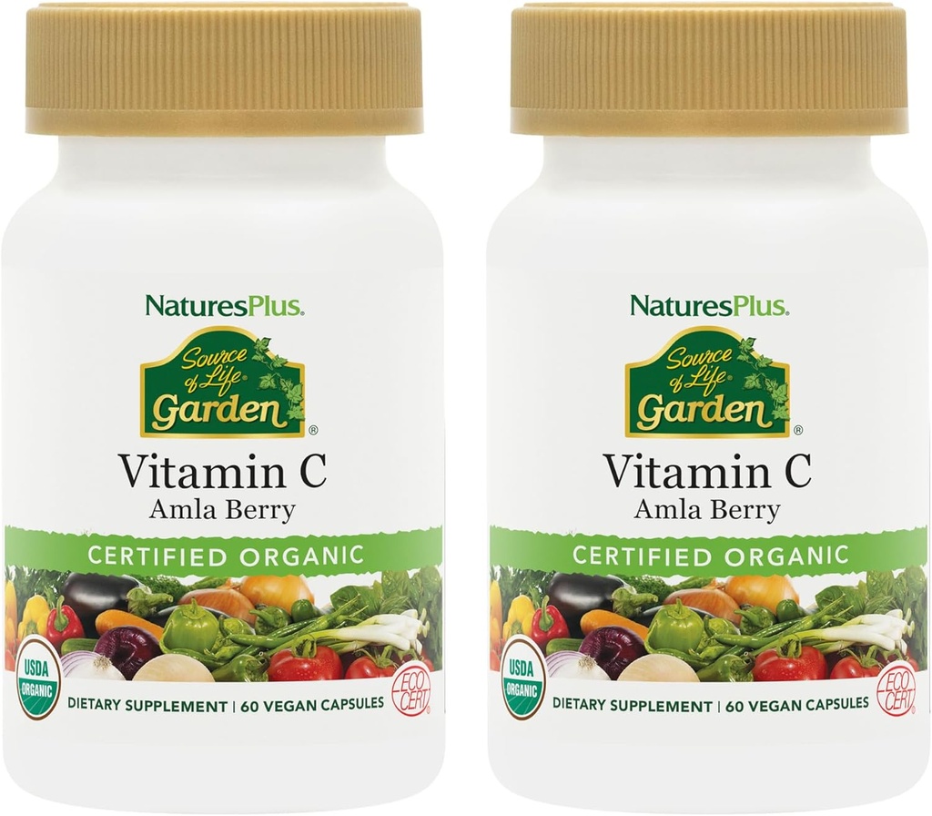 NaturesPlus Πηγή Ζωής Κήπος Βιταμίνη C - 60 Vegan Κάψουλες, Συσκευασία των 2 - Υποστήριξη ανοσοποιητικού συστήματος - Πιστοποιημένο οργανικό, μη ΓΤΟ, Χωρίς γλουτένη - 60 Σύνολο Υπηρεσιών