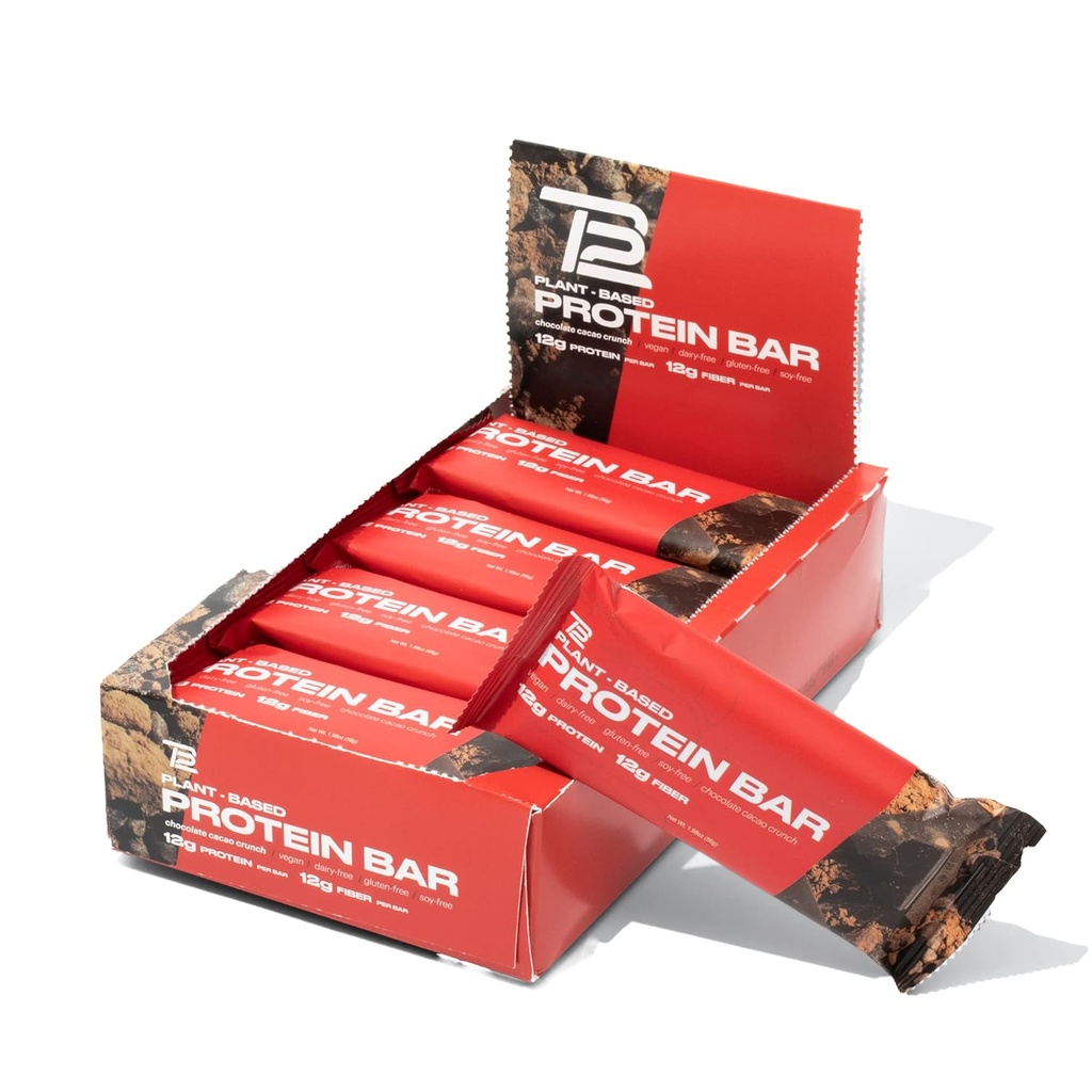 TB12 Plant Based Protein Bars by Tom Brady | High Protein, High Fiber, Low Sugar, Vegan, Gluten Free, Dairy Free, Non GMO, Healthy Protein Snacks | Made From All Natural Whole Foods with Antioxidants, Vitamins, and Minerals (Chocolate Cacao Crunch)