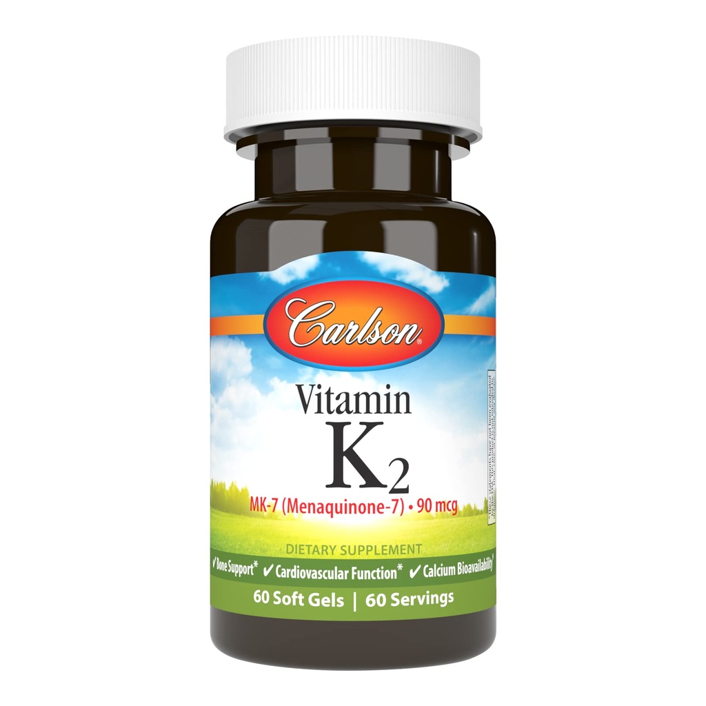 Carlson - Βιταμίνη K2 MK-7 (Μενακινόνη), 90 mcg, Οστική Υποστήριξη, Βιοδιαθεσιμότητα ασβεστίου, Βιταμίνη K2, Βιταμίνη K-2, 60 Softgels