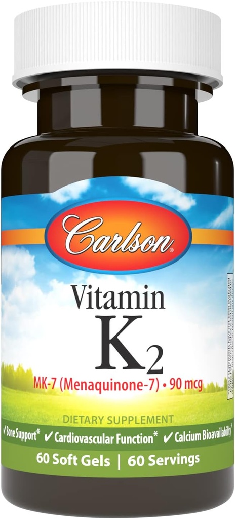 Carlson - Βιταμίνη K2 MK-7 (Μενακινόνη), 90 mcg, Οστική Υποστήριξη, Βιοδιαθεσιμότητα ασβεστίου, Βιταμίνη K2, Βιταμίνη K-2, 60 Softgels