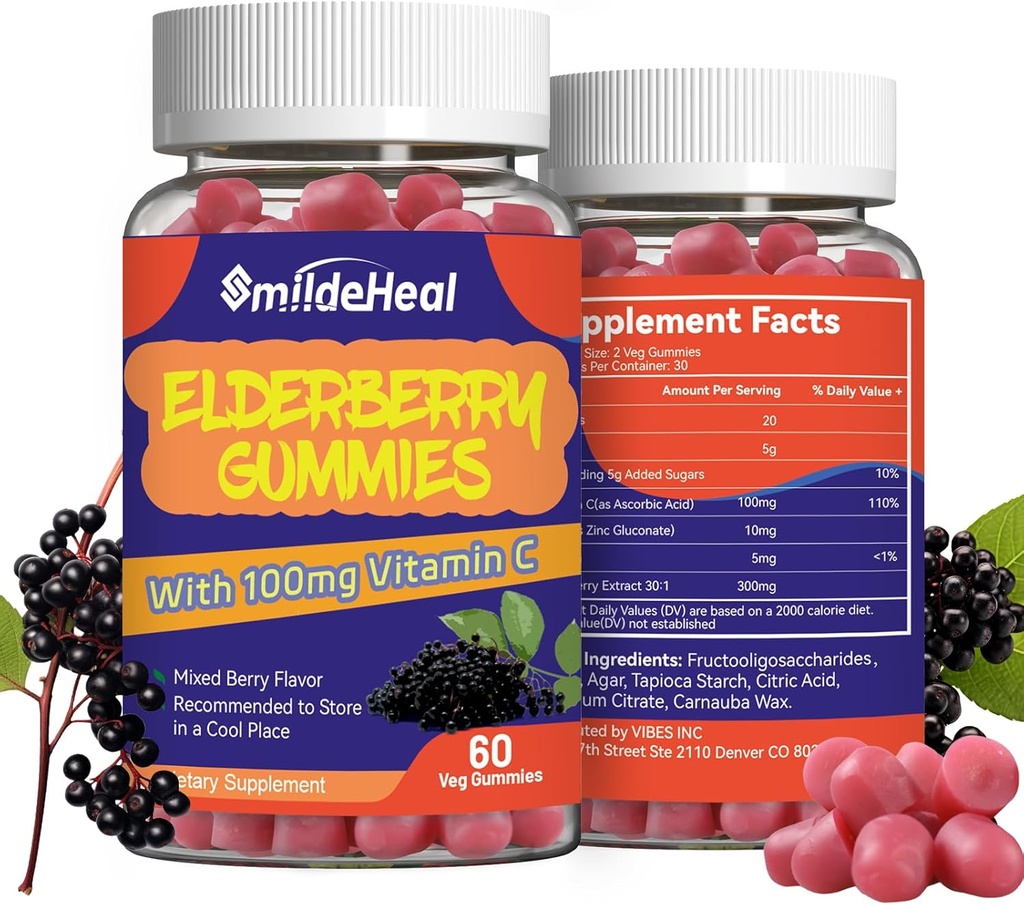 Gummys elderberry, εκχύλισμα Elderberry 300mg, με βιταμίνη C και ψευδάργυρο, φράουλα γεύσεις, μη ΓΤΟ, γλουτένη χωρίς, Vegan-Friendly, ανοσοποιητική υποστήριξη, 60 Count (Pack of 2)