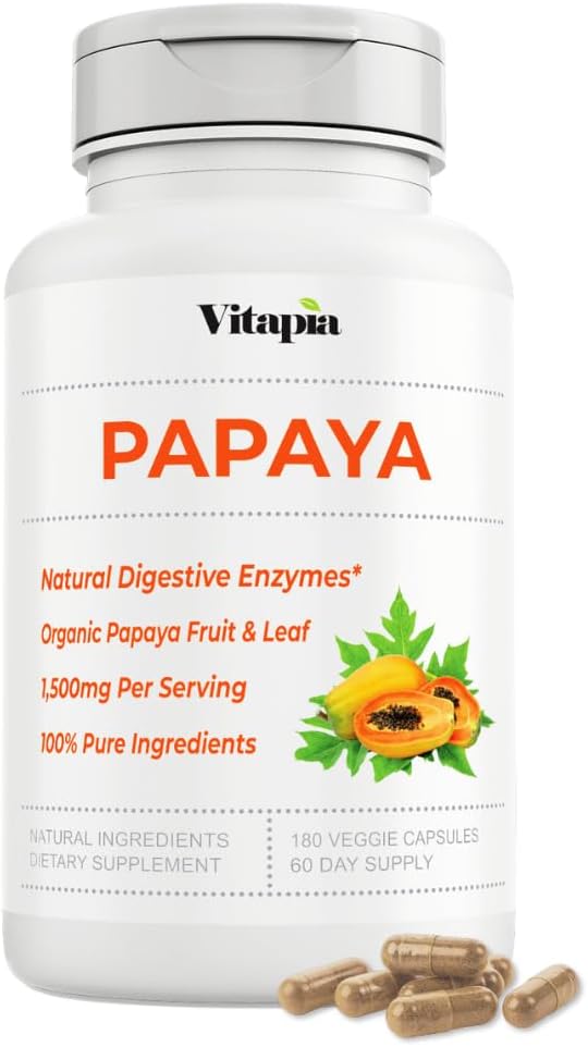 Papaya Fruit Enzyme Capsules for Digestion, Bloating Relief, Immune Support for Men & Women - 1500mg Organic Papaya Powder Per Serving - 180 Veggie Capsules - Non-GMO, Gluten-Free, Vegan-Friendly