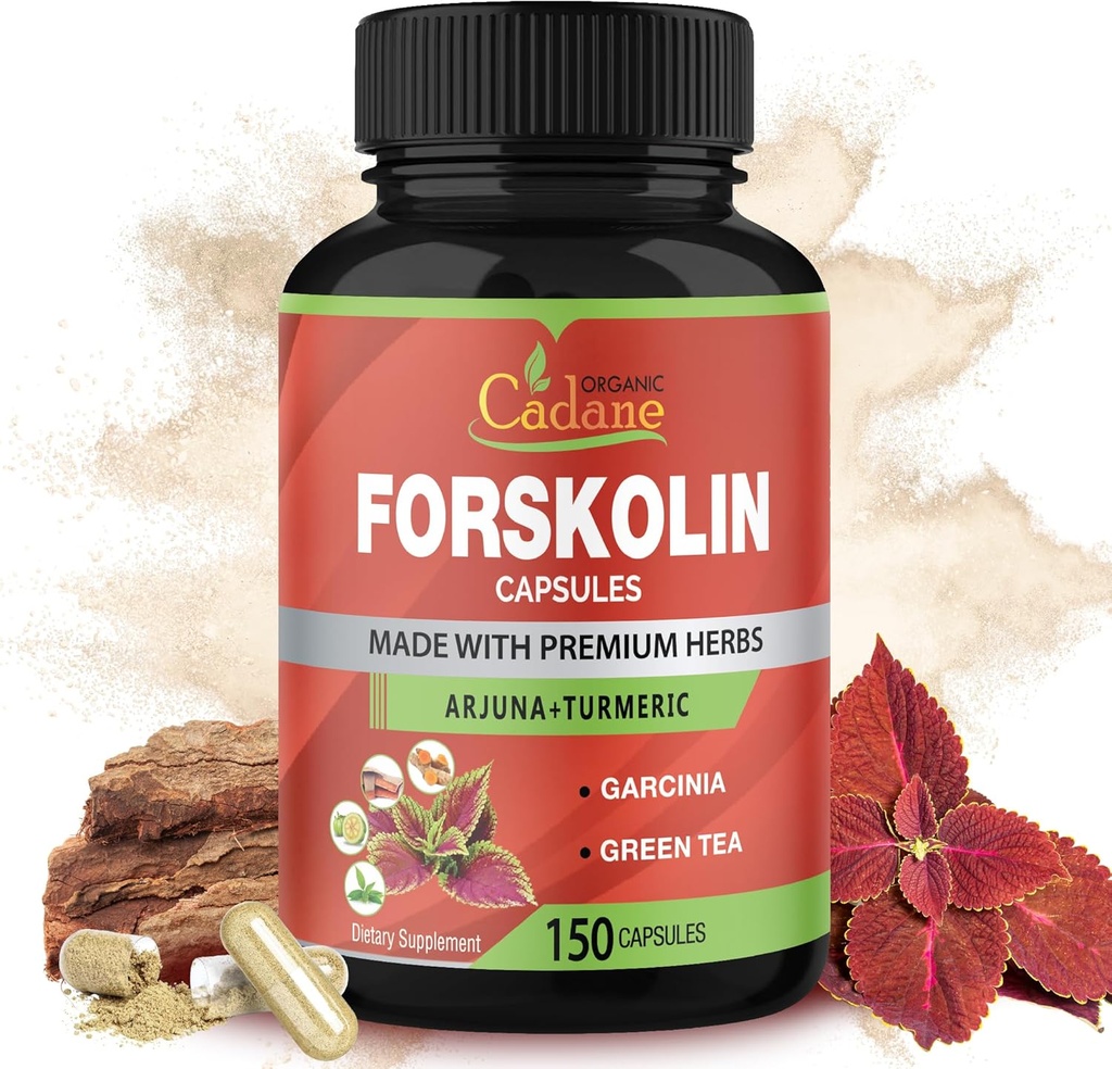 Βιολογικό Cadane Forskolin Συμπληρώματα κάψουλες - 5in1 Συμπυκνωμένο με Turmeric Κουρκουμίνη, Arjuna, Garcinia Cambogia, και Πράσινο Τσάι - 150 κάψουλες για 5 μήνες προσφοράς