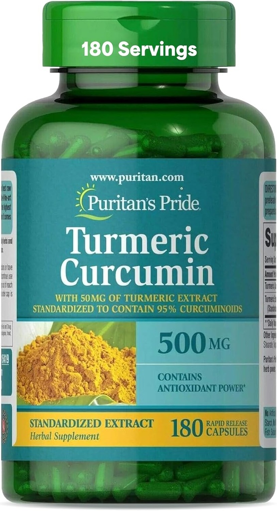 Puritan's Pride Turmeric Curcumin 500mg, Standarized to 95% Cucuminoids, φυτικό συμπλήρωμα διατροφής για την Αντιοξειδωτική Υγεία, 180 κάψουλες απελευθέρωσης Radpid