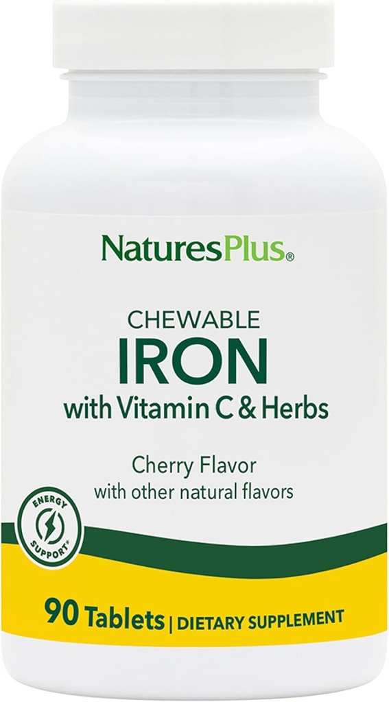 NaturesPlus Chewable Iron, Cherry - 90 Tablets, Pack of 2 - Υποστηρίζει την υγιεινή παραγωγή αίματος & φυσικής ενέργειας - Συμπλήρωμα υψηλής ισχύος με βιταμίνη C & Βότανα - 180 Total Services