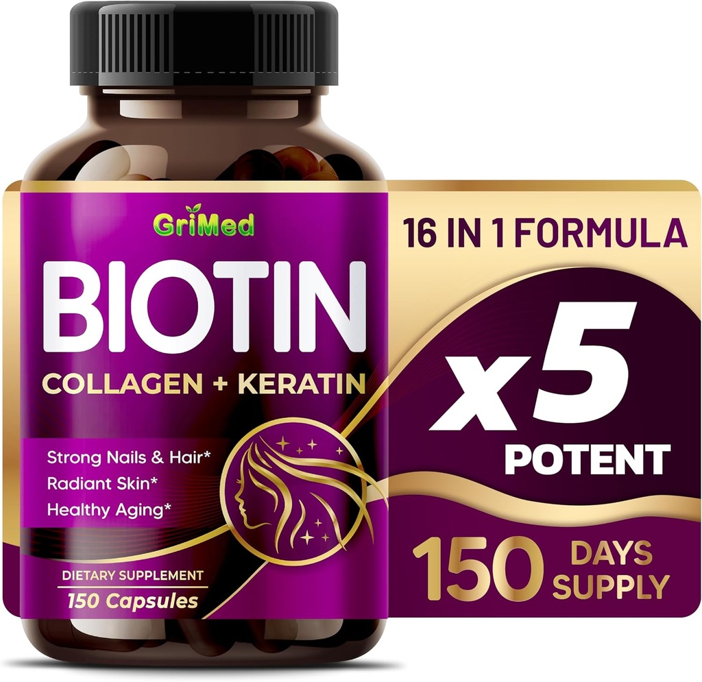 Ψημένο BIOTIN με κολλαγόνο + κερατίνη 7,275mg Ισχυρά νύχια & μαλλιά, Radiant δέρμα, υγιής γήρανση- ΗΠΑ Made & Tested (150 Count (Pack of 1))