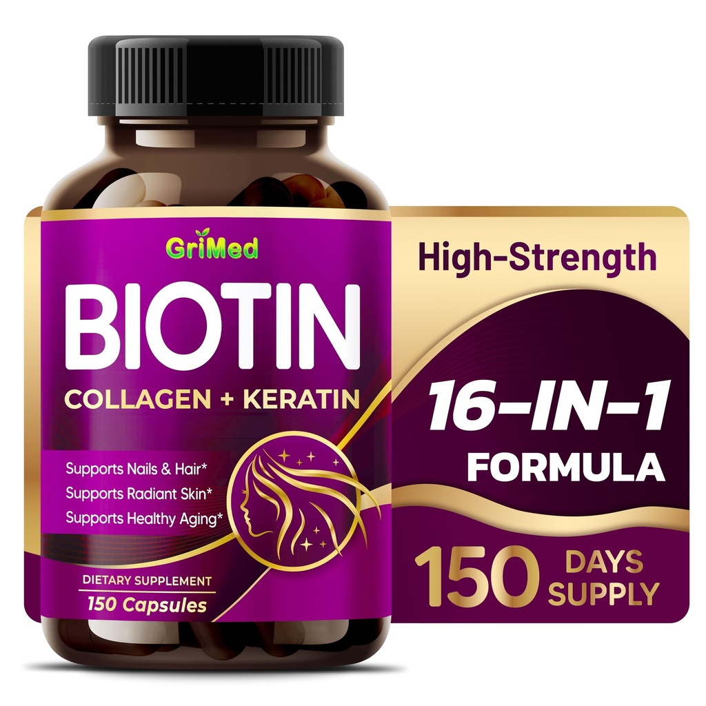 GriMed BIOTIN with Collagen + Keratin 7,275mg Strong Nails & Hair, Radiant Skin, Healthy Aging (150 Count (Pack of 1))