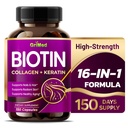 Ψημένο BIOTIN με κολλαγόνο + κερατίνη 7,275mg Ισχυρά νύχια & μαλλιά, Radiant δέρμα, υγιής γήρανση- ΗΠΑ Made & Tested (150 Count (Pack of 1))